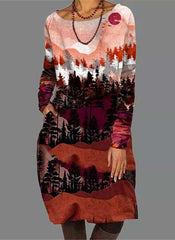 Casual Loose Landscape print Round neck Long sleeve Shift Dresses