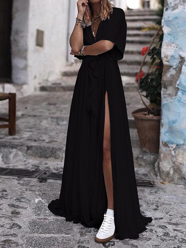 Sexy Women Long V neck Waist tie Slit Maxi Dresses