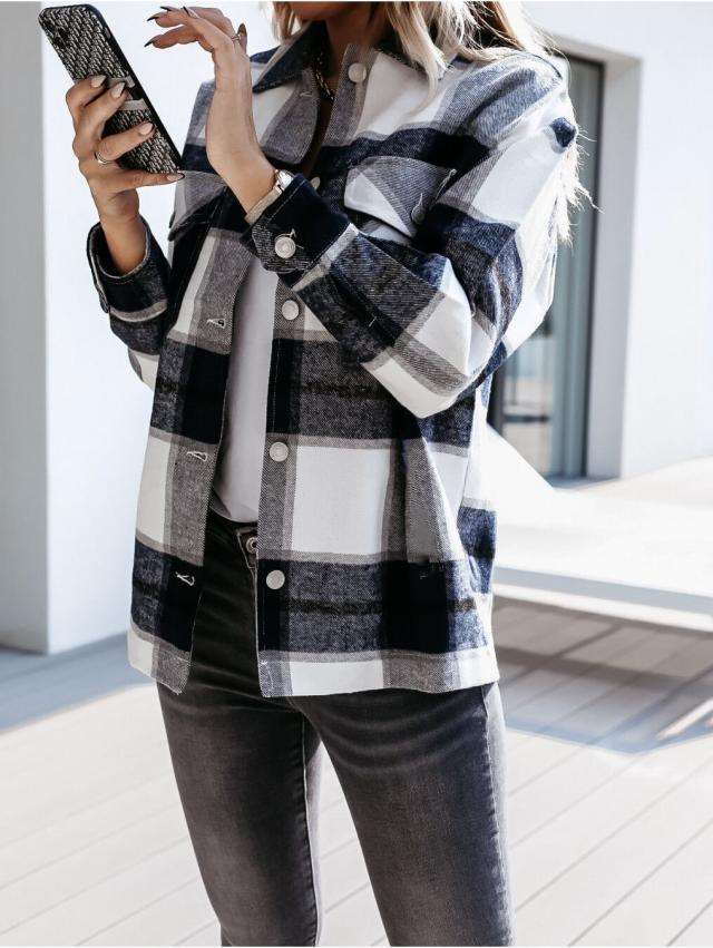 Fashion Plaid print Lapel Long sleeve Coats