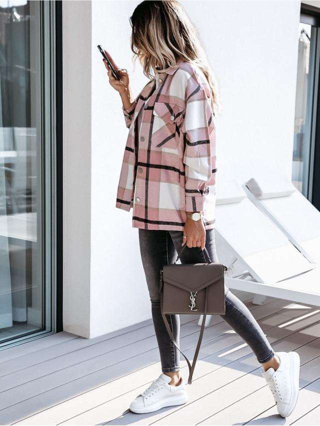 Fashion Plaid print Lapel Long sleeve Coats