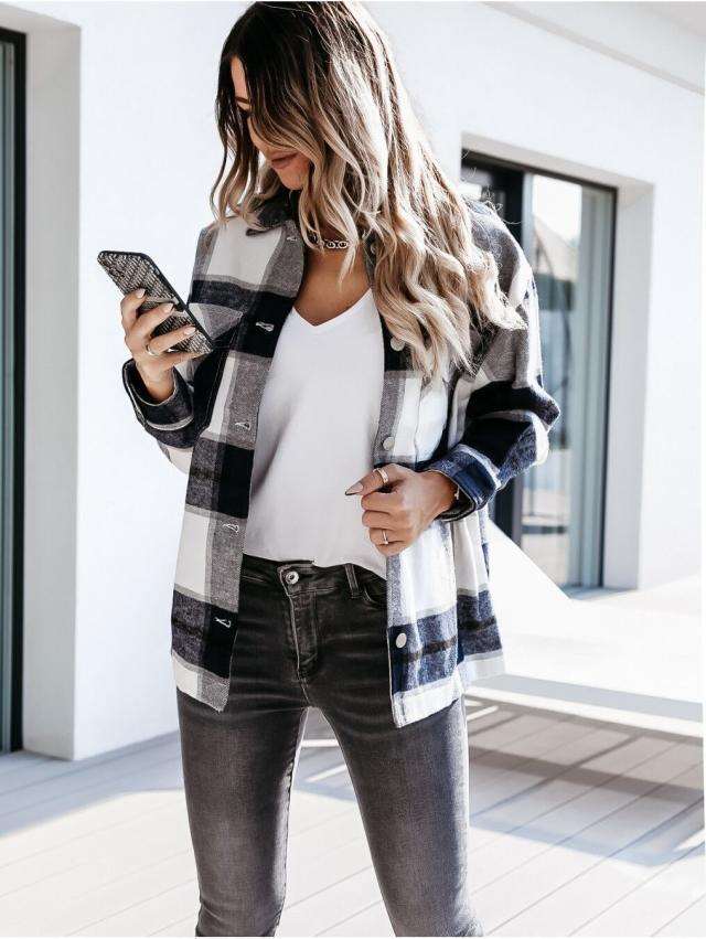 Fashion Plaid print Lapel Long sleeve Coats