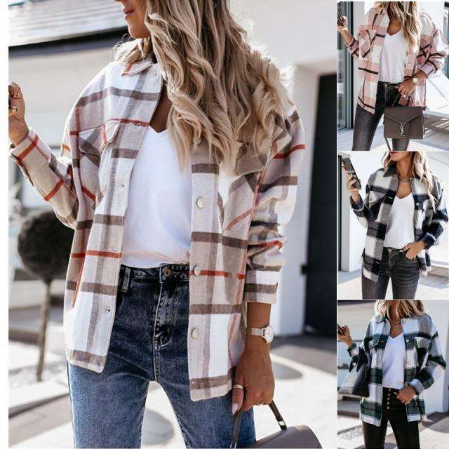 Fashion Plaid print Lapel Long sleeve Coats