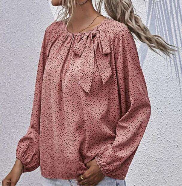 Fashion Point print Bowknot Round neck Long sleeve Blouses