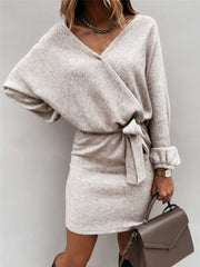 Fashion Pure Lacing V neck Long sleeve Knit Bodycon Dresses