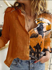 Casual Gored Print Lapel Long sleeve Blouses