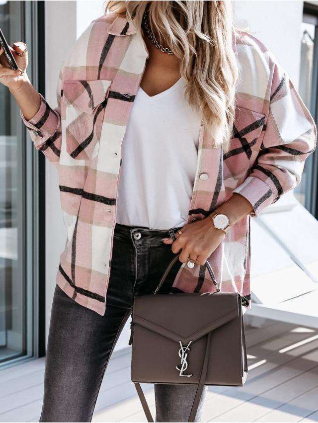 Fashion Plaid print Lapel Long sleeve Coats