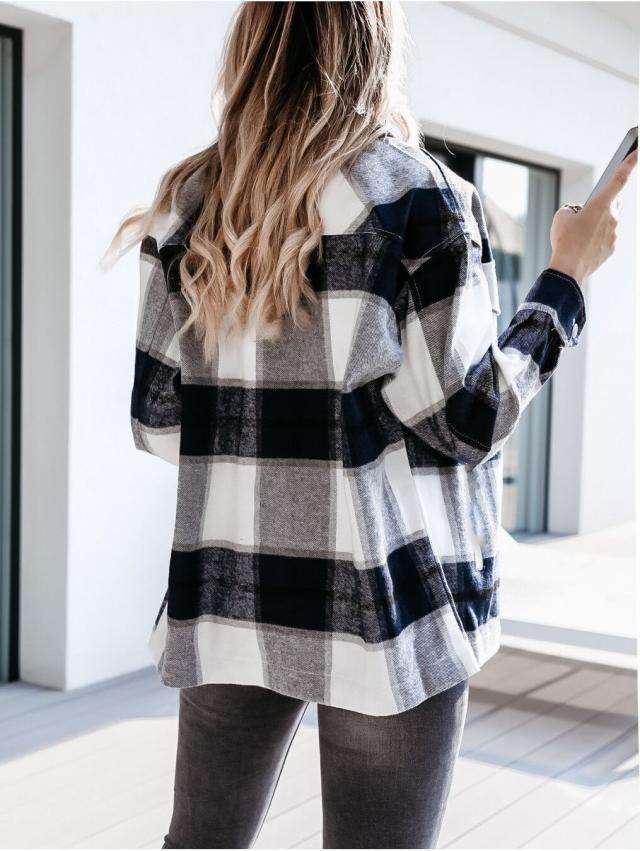 Fashion Plaid print Lapel Long sleeve Coats