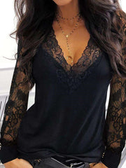 Casual Sexy Lace Gored V neck Long sleeve T-Shirts