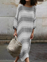 Casual Loose women Plus size round neck long sleeve stripe maxi dresses