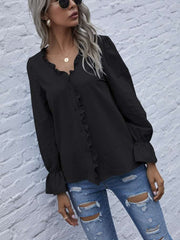 Fashion Pure Stringy selvedge V neck Long sleeve Blouses