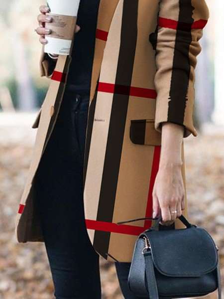 Fashion Plaid print Stand collar Long sleeve  Pockets Coat