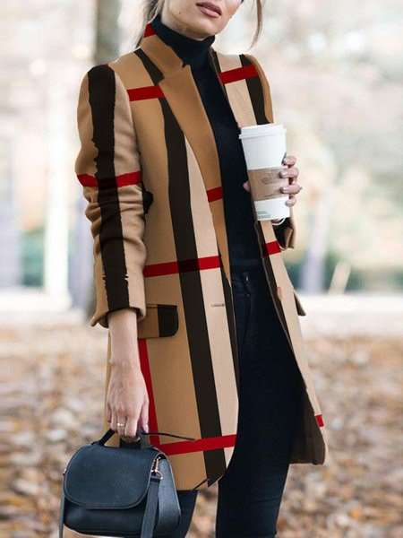 Fashion Plaid print Stand collar Long sleeve  Pockets Coat