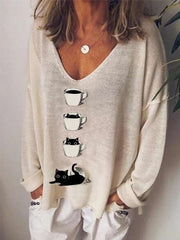 Casual Loose Cup print V neck Long sleeve Knit T-Shirts