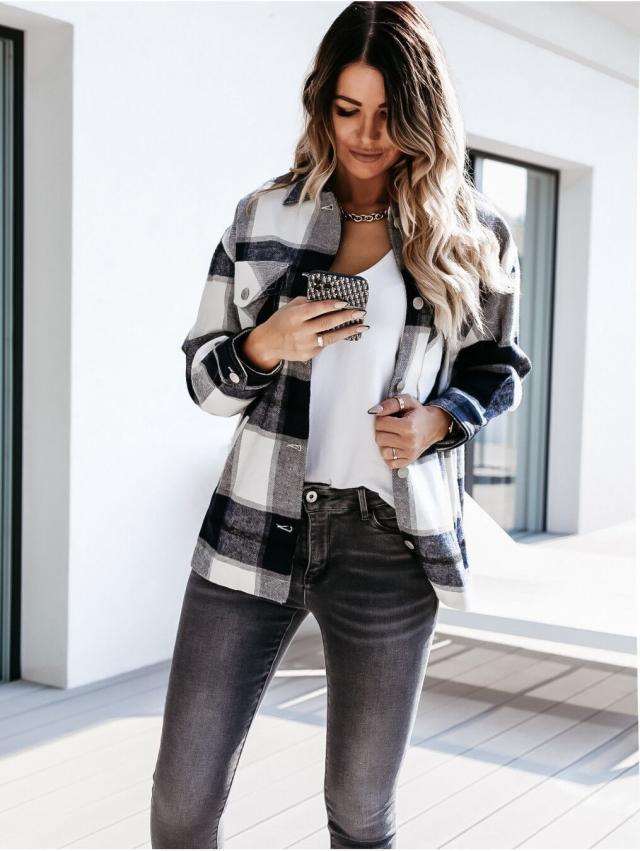 Fashion Plaid print Lapel Long sleeve Coats