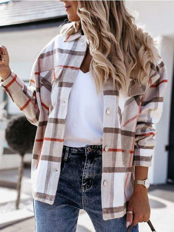 Fashion Plaid print Lapel Long sleeve Coats