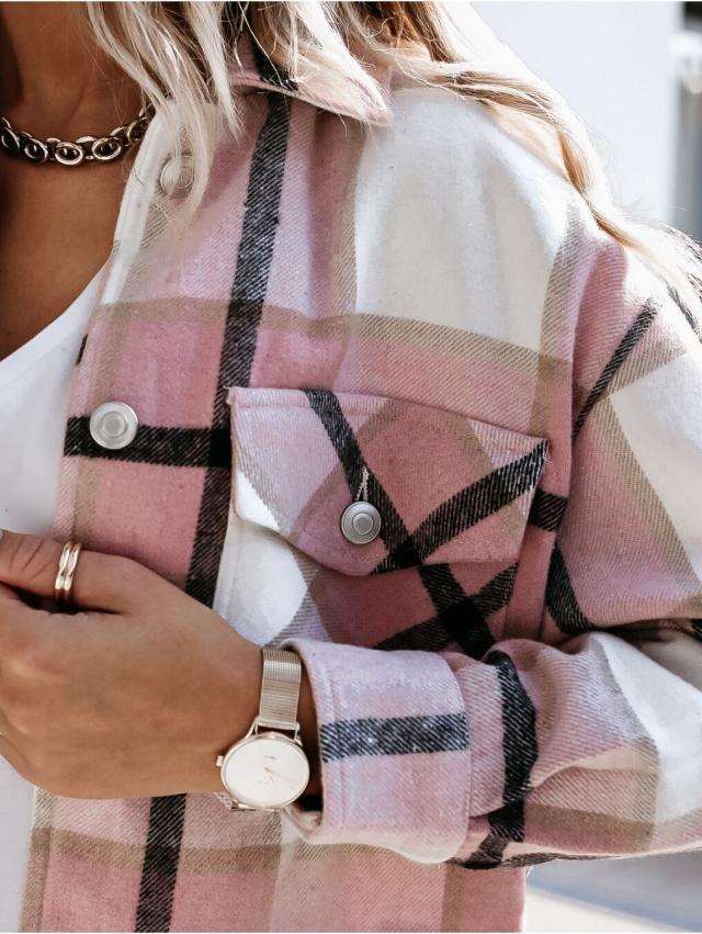 Fashion Plaid print Lapel Long sleeve Coats