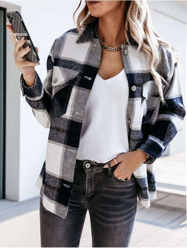 Fashion Plaid print Lapel Long sleeve Coats