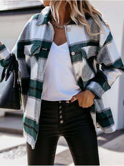 Fashion Plaid print Lapel Long sleeve Coats