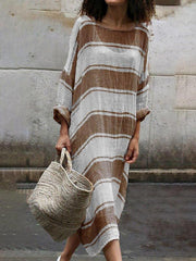 Casual Loose women Plus size round neck long sleeve stripe maxi dresses