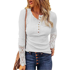 Fashion Pure Lace Gored Round neck Fastener Long sleeve T-Shirts