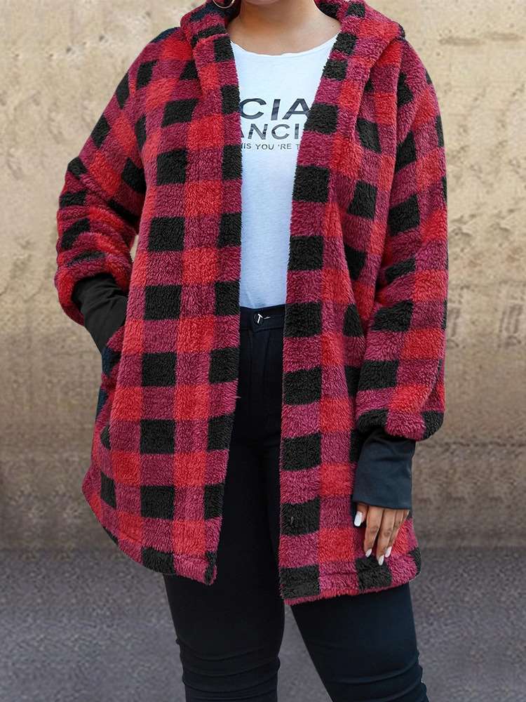Casual Plush Plaid Hoodie Long sleeve Cardigan