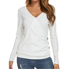Fashion Pure V neck Long sleeve Fastener T-Shirts