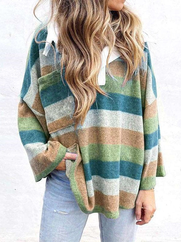 Casual Loose Stripe print Polo Long sleeve Sweatshirts
