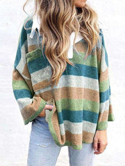 Casual Loose Stripe print Polo Long sleeve Sweatshirts