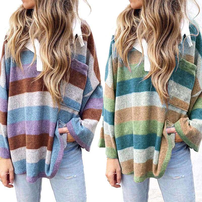 Casual Loose Stripe print Polo Long sleeve Sweatshirts