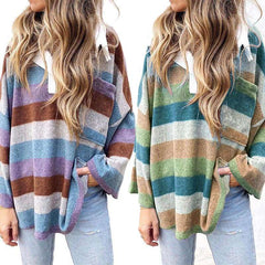 Casual Loose Stripe print Polo Long sleeve Sweatshirts