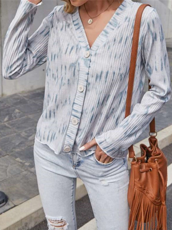 Casual Dipdye V neck Long sleeve Knit Fastener Sweaters