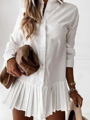 Fashion Pure Lapel Long sleeve Fastener Gored Shift Shirt Dresses