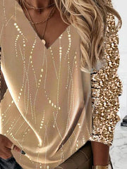 V-neck sequined long sleeve T-shirts