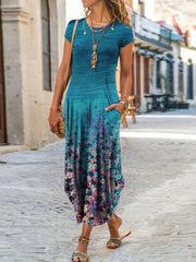 Round neck printed long dress with pockets maxi dresses