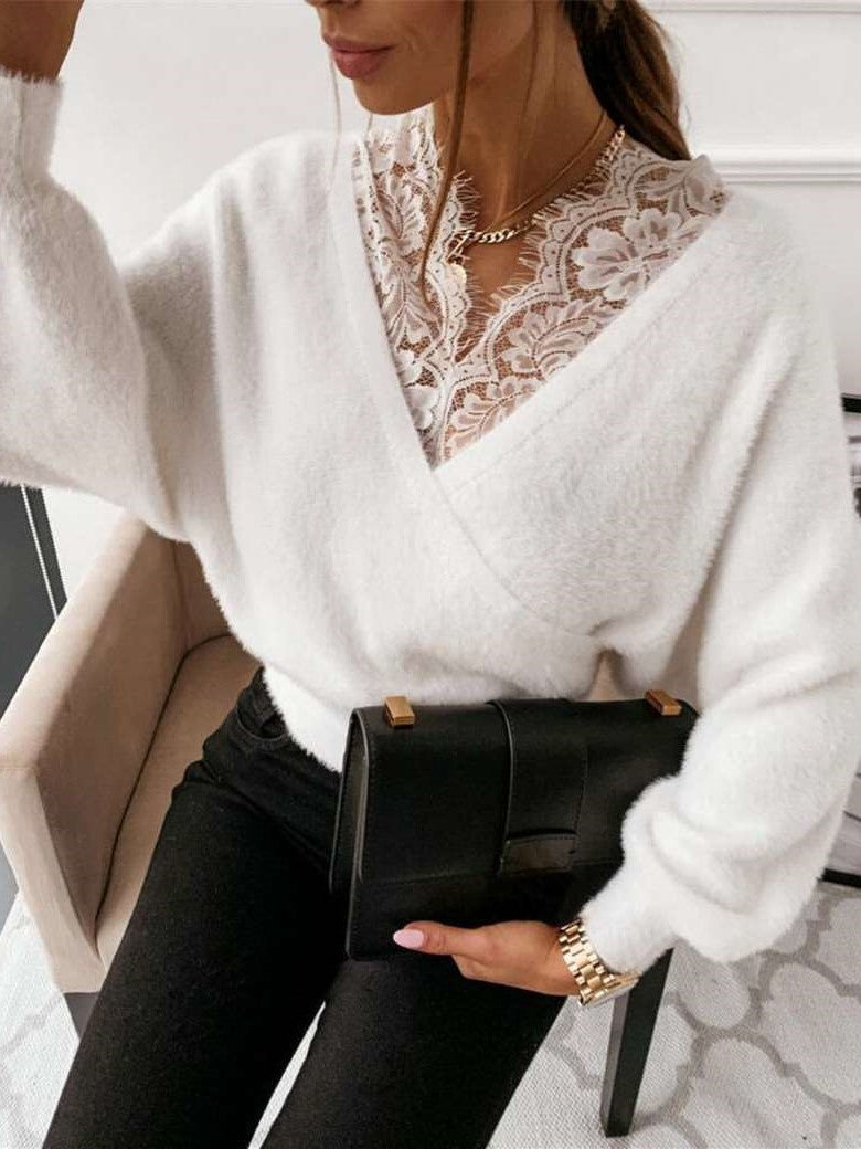 Casual Pure Lace Gored V neck Long sleeve Flannel Sweaters