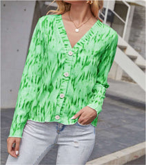 Casual Dipdye V neck Long sleeve Knit Fastener Sweaters