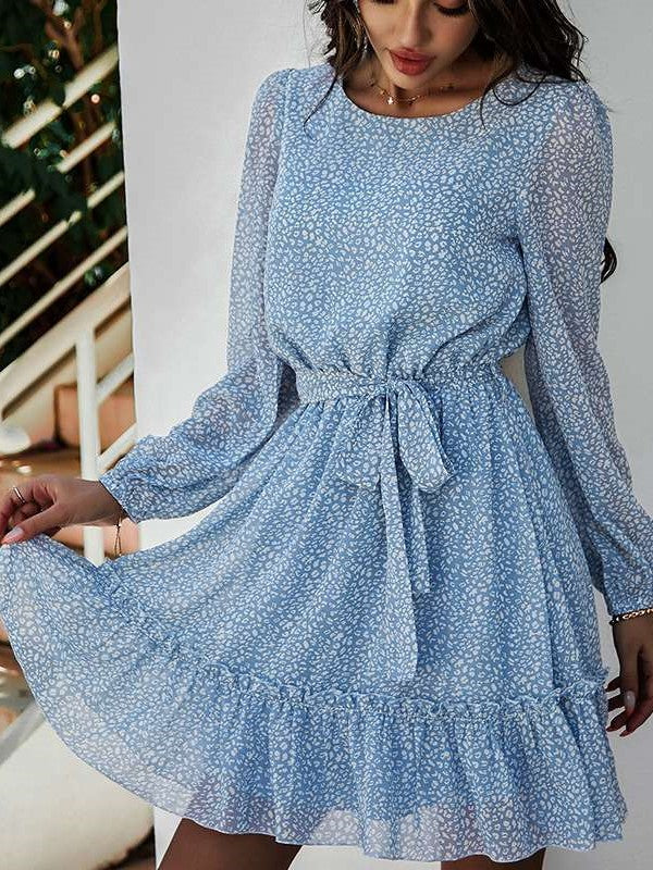 Casual Print Round neck Long sleeve Lacing Skater Dresses