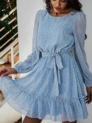 Casual Print Round neck Long sleeve Lacing Skater Dresses