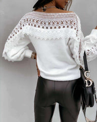 Casual Loose Pure Lace Hollow out Round neck Long sleeve T-Shirts