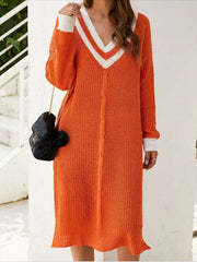 Casual Loose Stripe V neck Long sleeve Knit Maxi Dresses