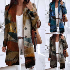 Fashion Retro print Lapel Long sleeve Fastener Coats