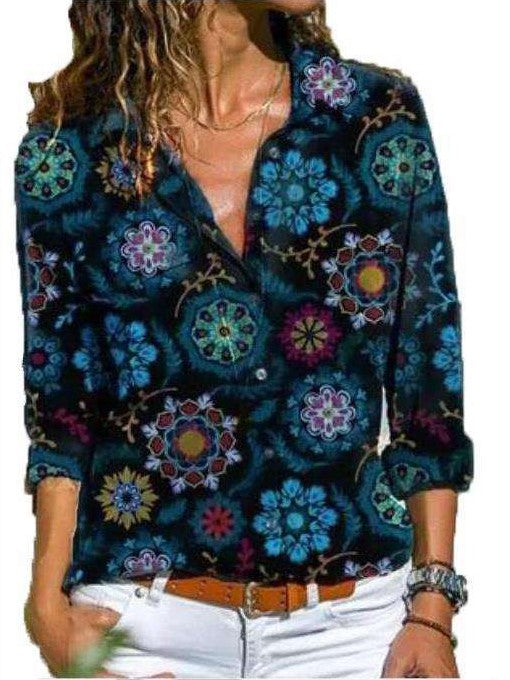 Fashion Casual Print V neck Long sleeve Blouses