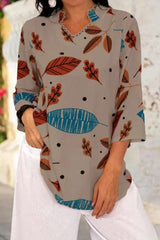 Casual Leaf print V neck Three quarter sleeve Blouses