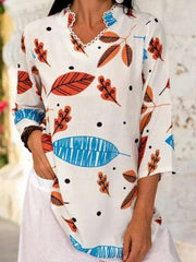 Casual Leaf print V neck Three quarter sleeve Blouses