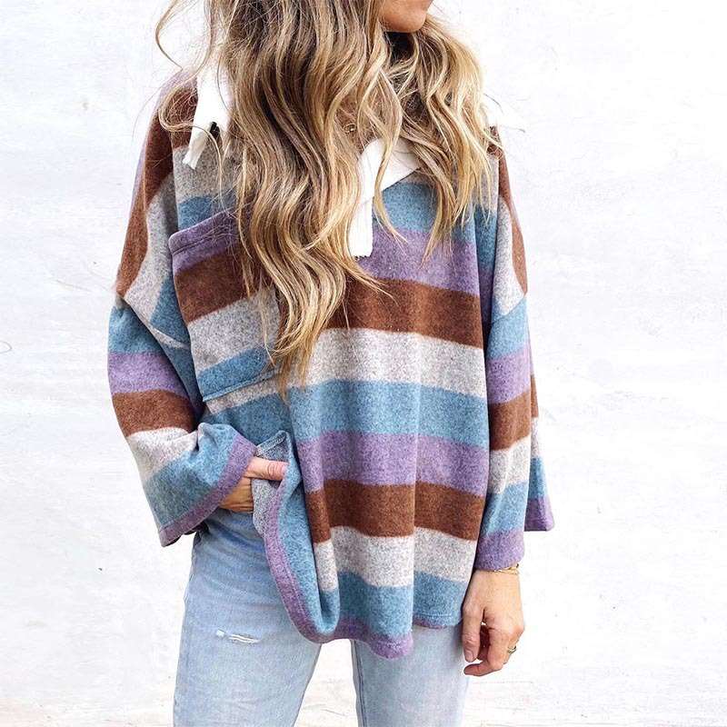 Casual Loose Stripe print Polo Long sleeve Sweatshirts