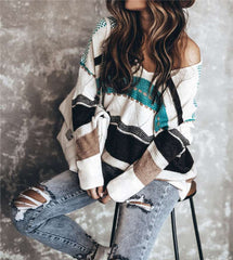 Casual Loose Stripe print V neck Long sleeve Knit Sweaters