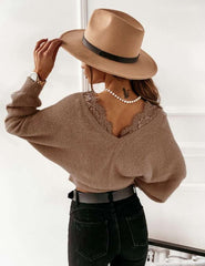 Casual Pure Lace Gored V neck Long sleeve Flannel Sweaters