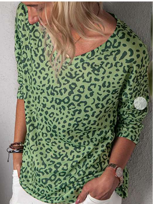 Fashion Leopard print V neck Long sleeve T-Shirts