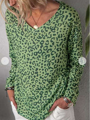 Fashion Leopard print V neck Long sleeve T-Shirts