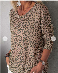 Fashion Leopard print V neck Long sleeve T-Shirts